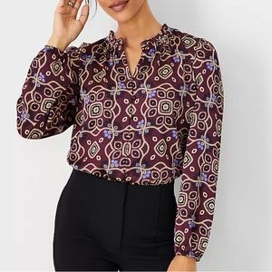 Ann Taylor medallion mixed media ruffle top in plum rose